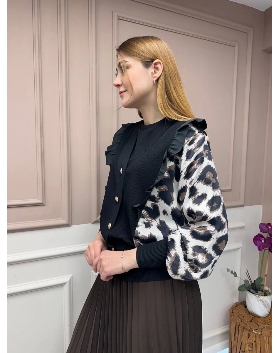 Ghisa 25YÖRHRK3096 Bej Leopar Desenli Kısa Hırka