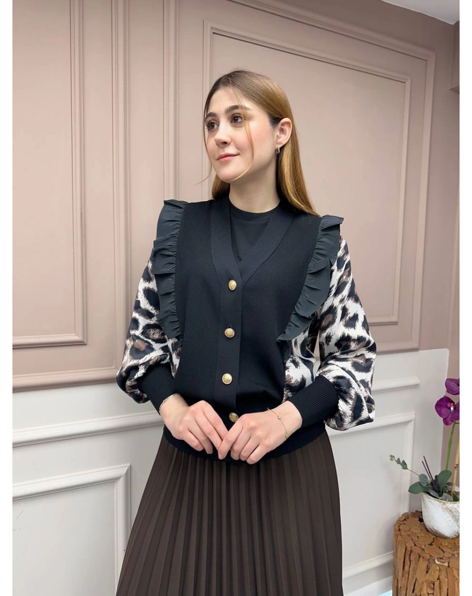 Ghisa 25YÖRHRK3096 Bej Leopar Desenli Kısa Hırka