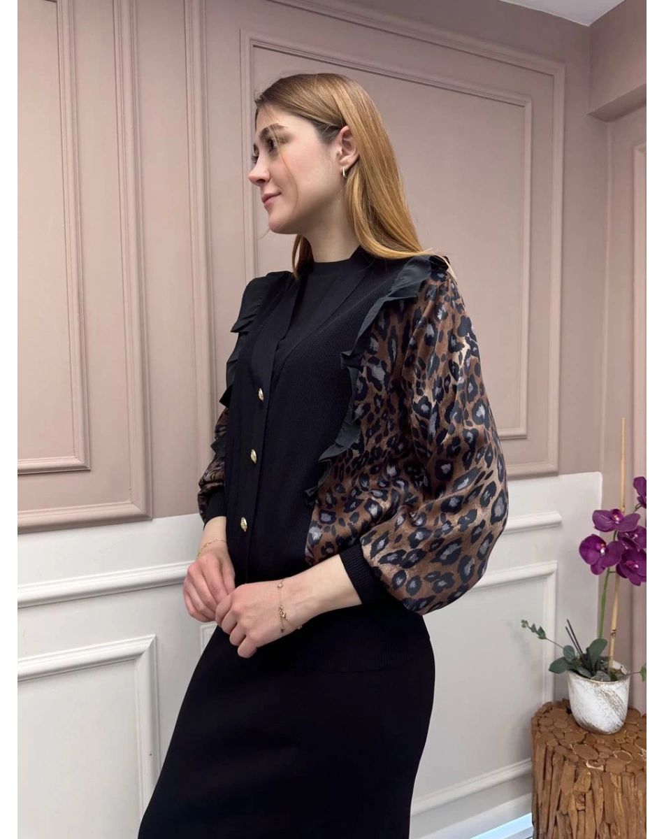 Ghisa 25YÖRHRK3096 Kahve Leopar Desenli Kısa Hırka