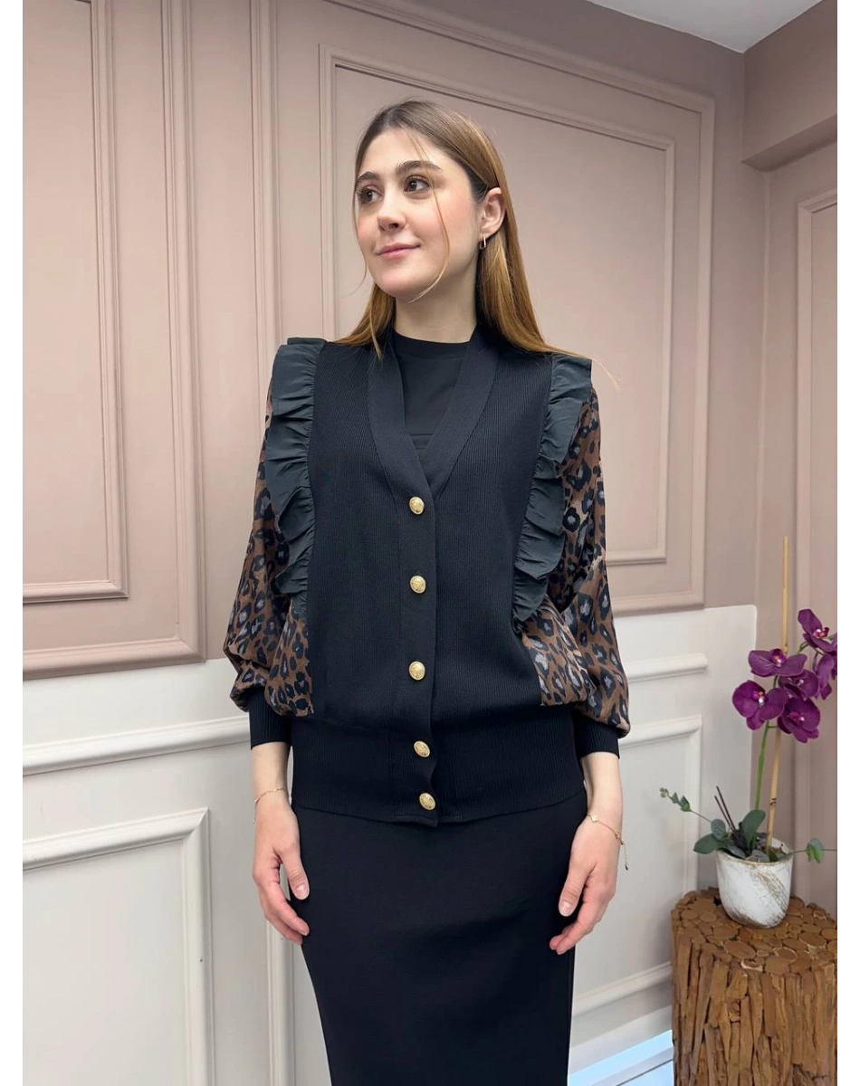 Ghisa 25YÖRHRK3096 Kahve Leopar Desenli Kısa Hırka