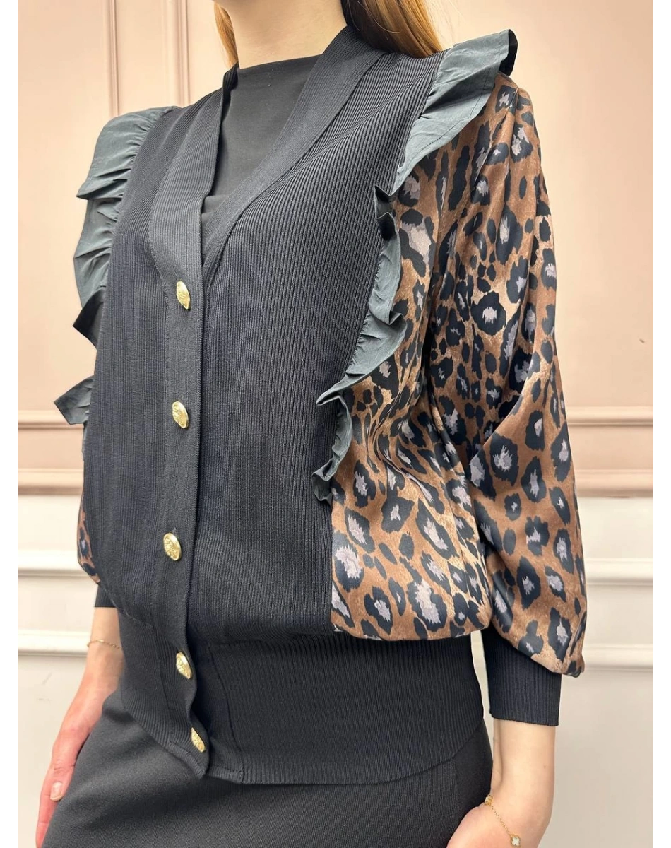 Ghisa 25YÖRHRK3096 Kahve Leopar Desenli Kısa Hırka