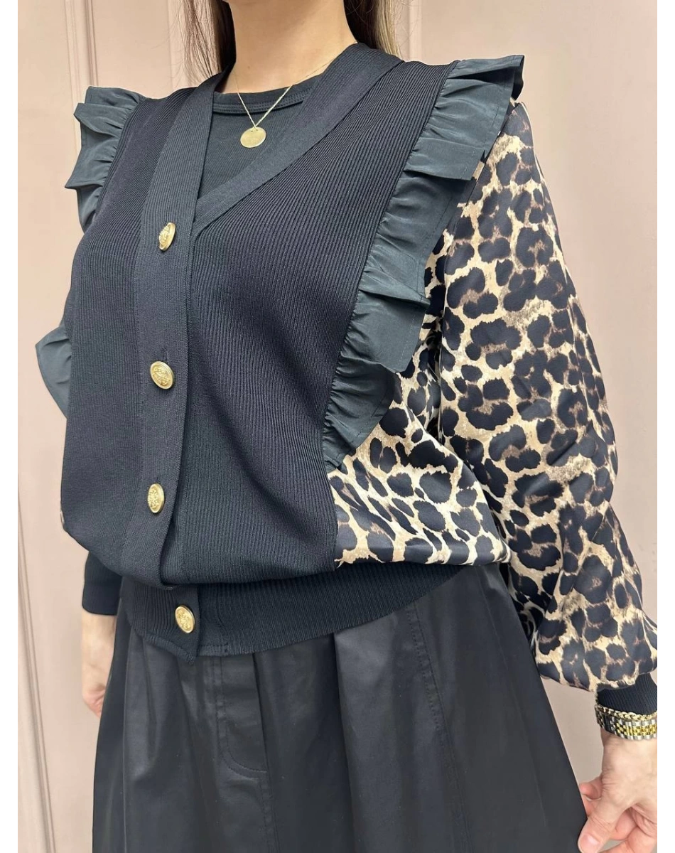 Ghisa 25YÖRHRK3096 Siyah Leopar Desenli Kısa Hırka