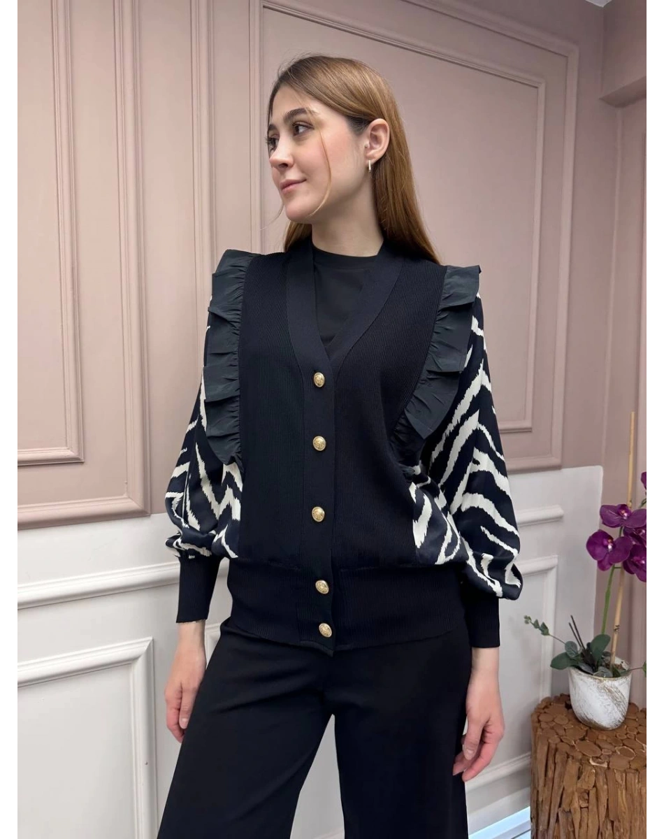 Ghisa 25YÖRHRK3096 Siyah Zebra Desenli Kısa Hırka