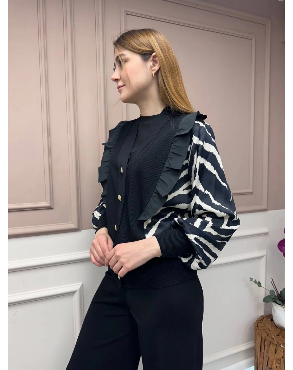Ghisa 25YÖRHRK3096 Siyah Zebra Desenli Kısa Hırka