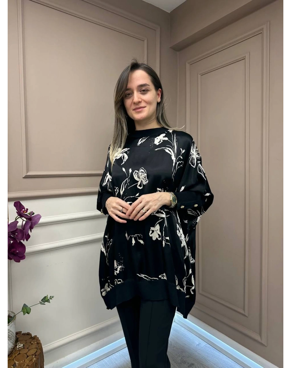 Ghisa 25YÖRTNK4016 Siyah Çiçek Desenli Tunik