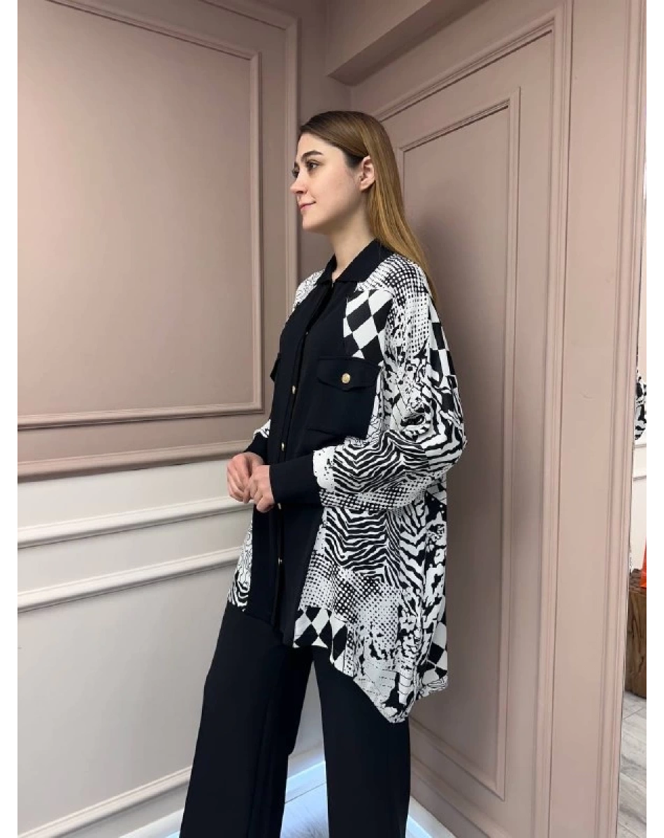 Ghisa 25YÖRTNK4980 Siyah Ekru Detaylı Hırka