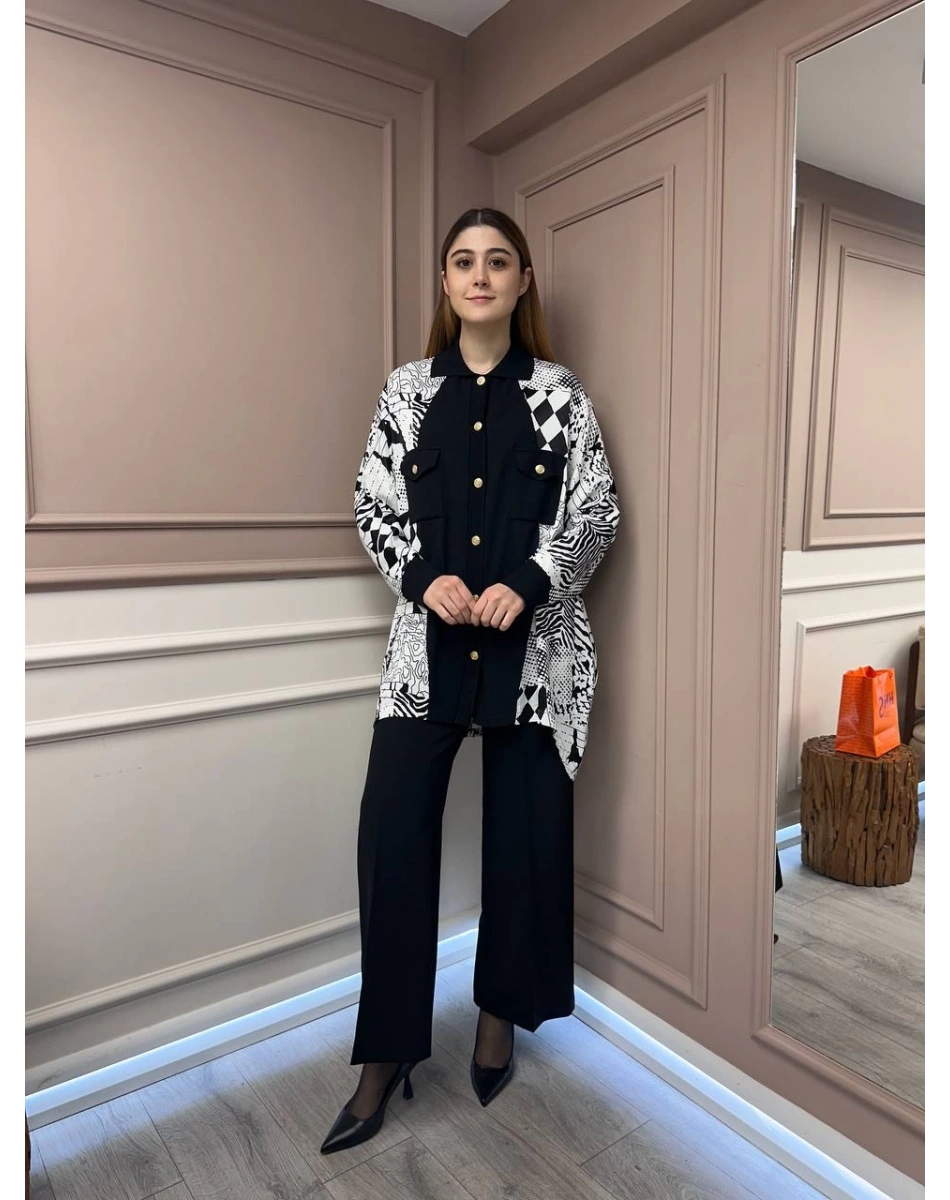 Ghisa 25YÖRTNK4980 Siyah Ekru Detaylı Hırka