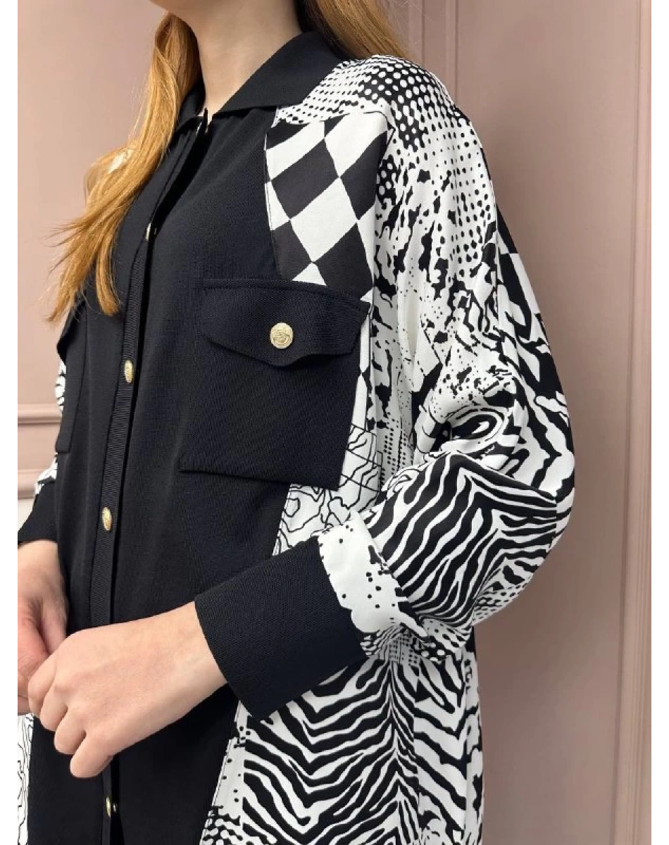 Ghisa 25YÖRTNK4980 Siyah Ekru Detaylı Hırka