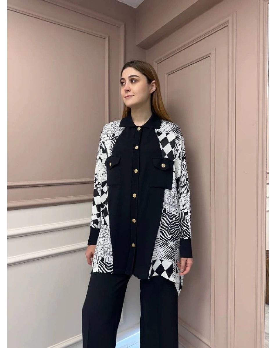 Ghisa 25YÖRTNK4980 Siyah Ekru Detaylı Hırka