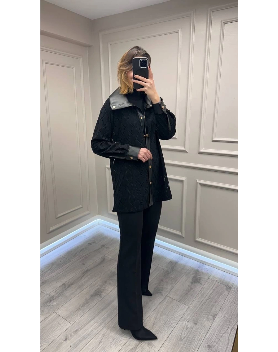 Ghisa 26KGSCKT3218 Siyah Deri Detaylı Ceket