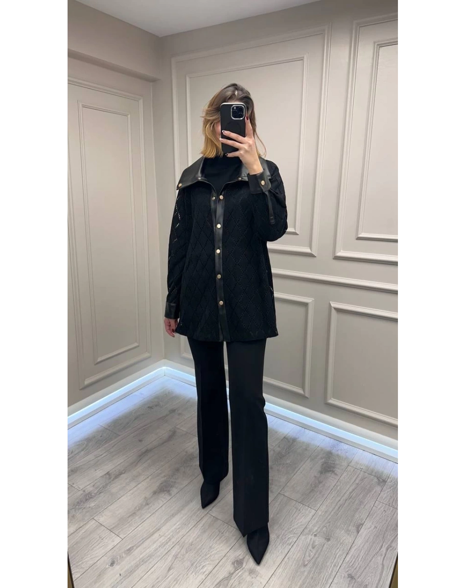 Ghisa 26KGSCKT3218 Siyah Deri Detaylı Ceket