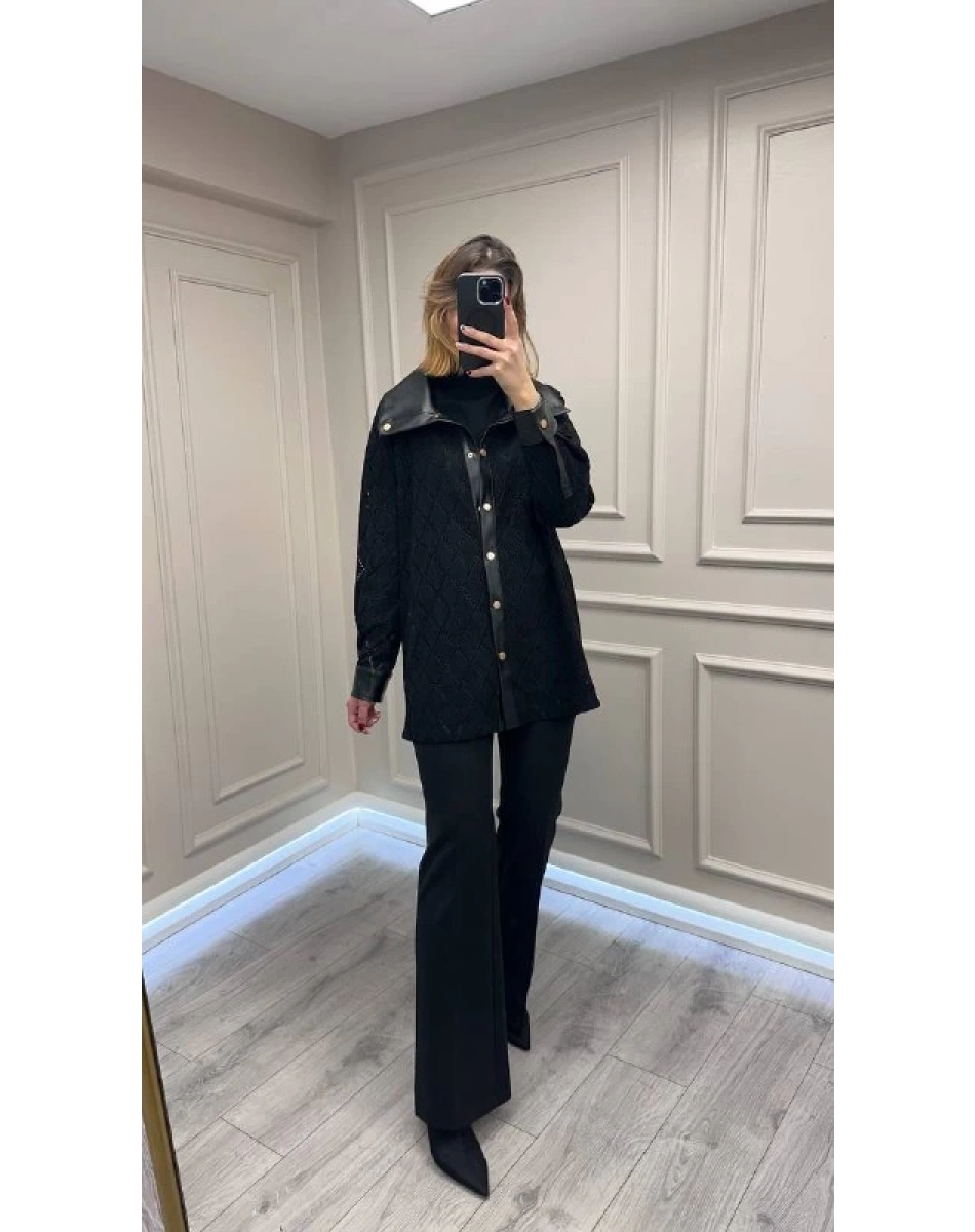 Ghisa 26KGSCKT3218 Siyah Deri Detaylı Ceket