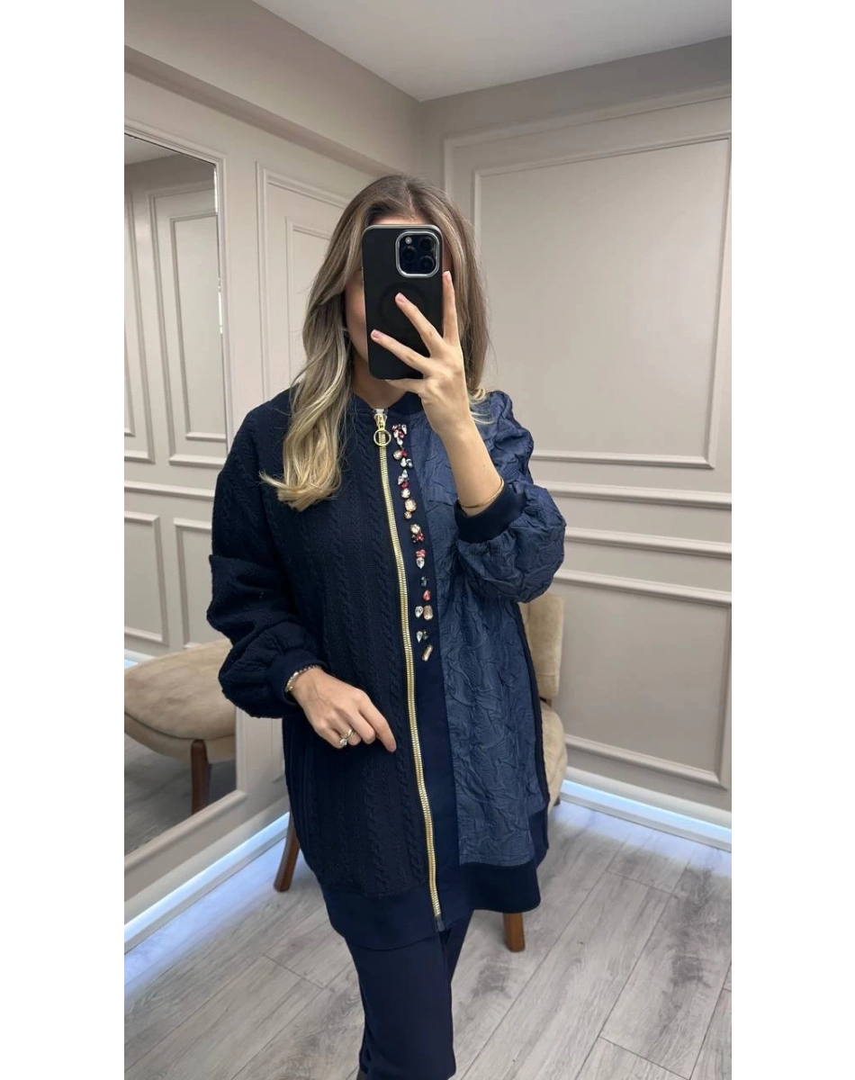 Ghisa 26KGSCKT3283 Lacivert Boncuk Detaylı Fermuarlı Ceket