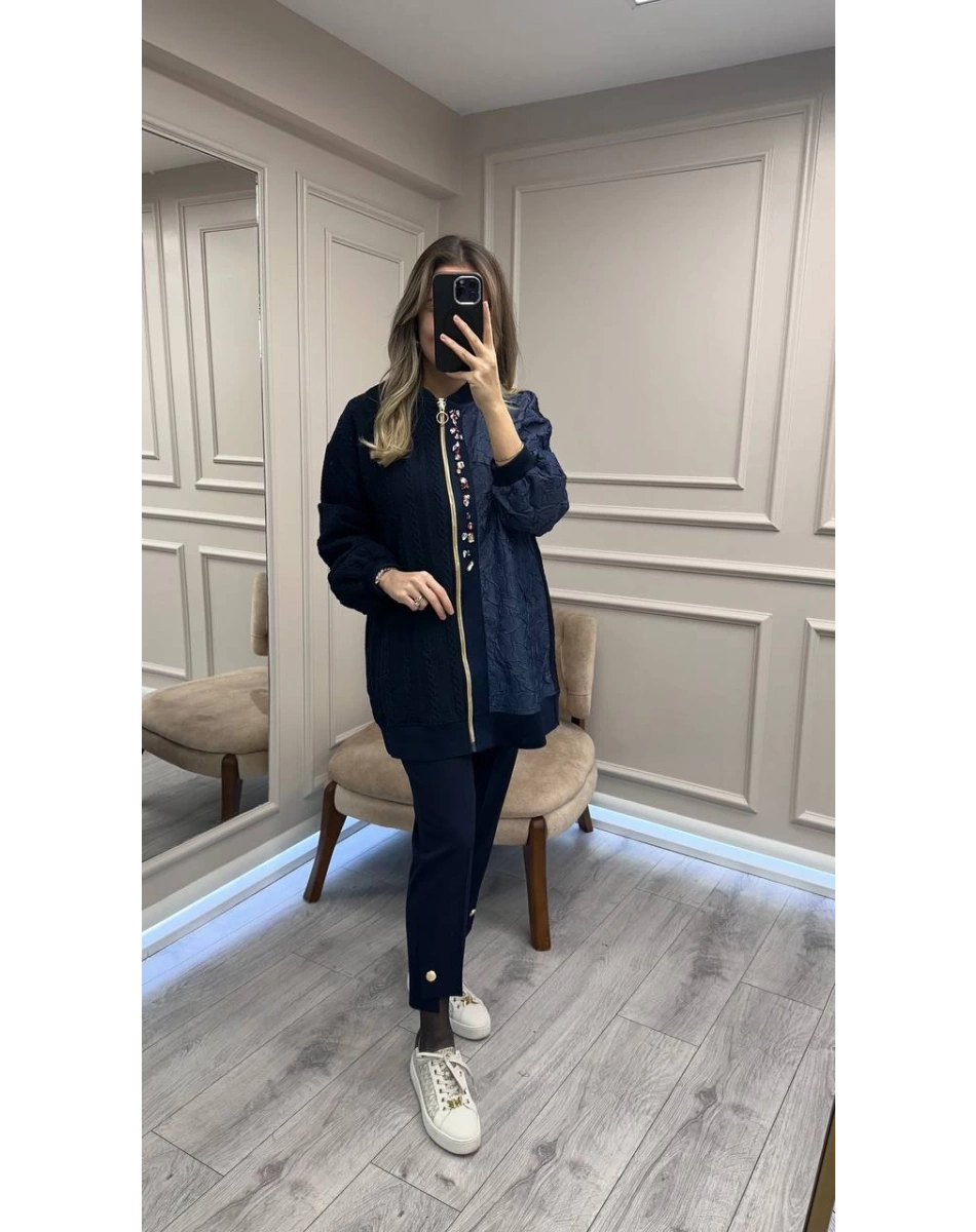 Ghisa 26KGSCKT3283 Lacivert Boncuk Detaylı Fermuarlı Ceket