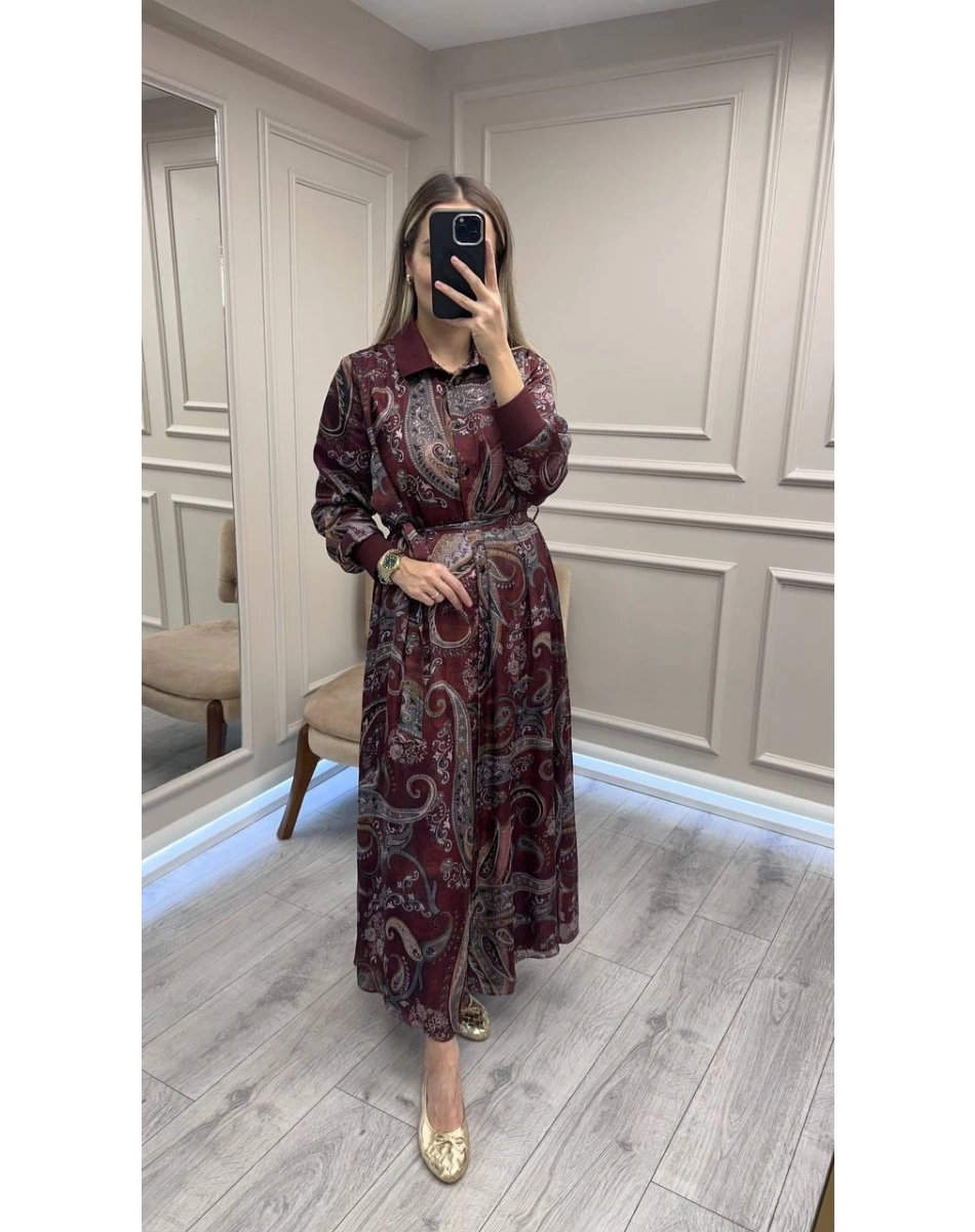 Ghisa 26KGSELB4085 Bordo Beli Kuşaklı Elbise