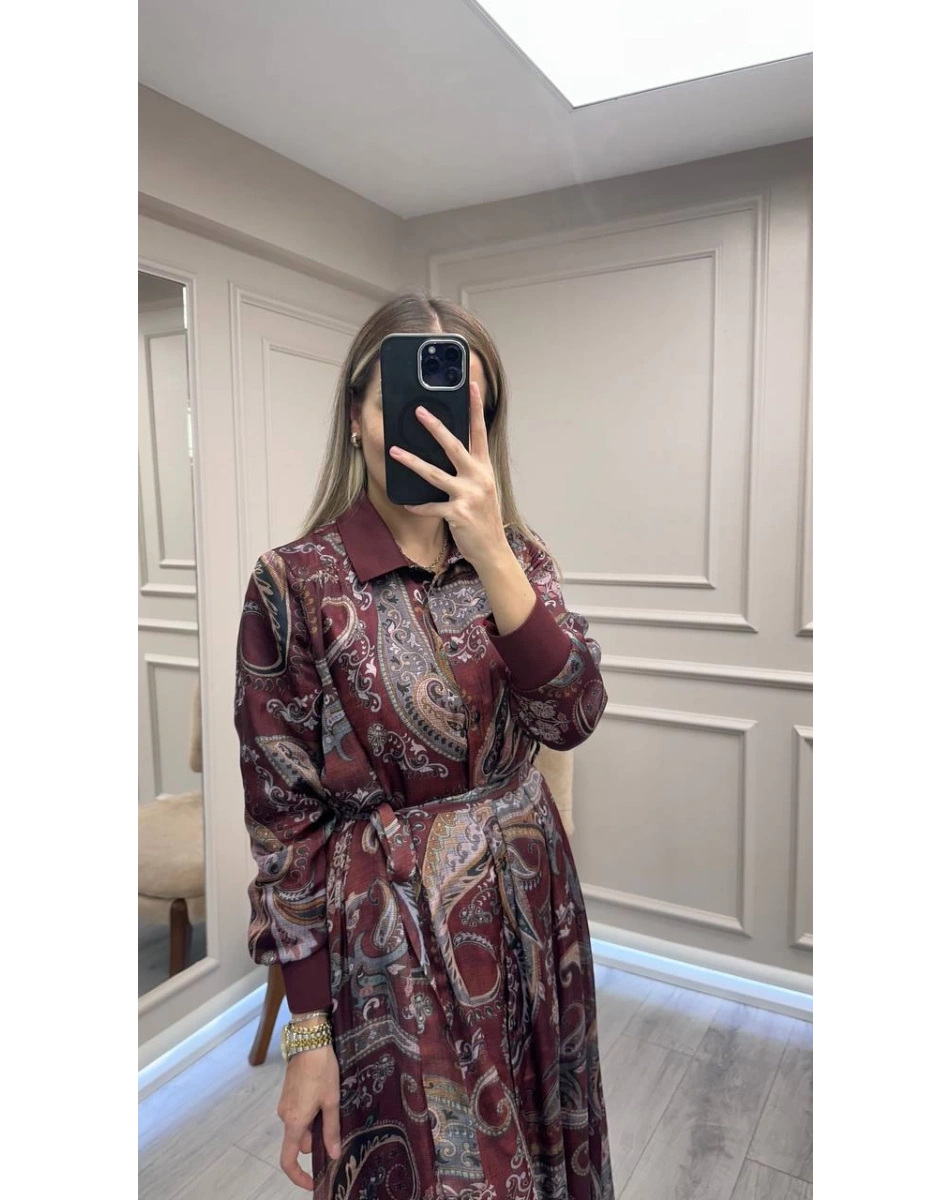 Ghisa 26KGSELB4085 Bordo Beli Kuşaklı Elbise