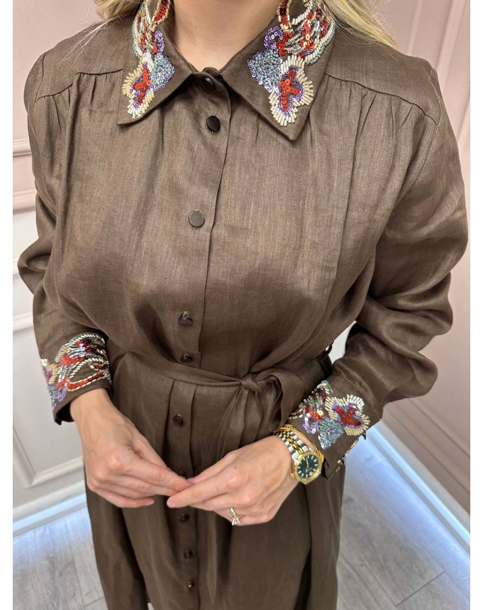 Ghisa 26KGSELB4091 Kahve Yaka Ve Bilek Kısmı Detaylı Elbise