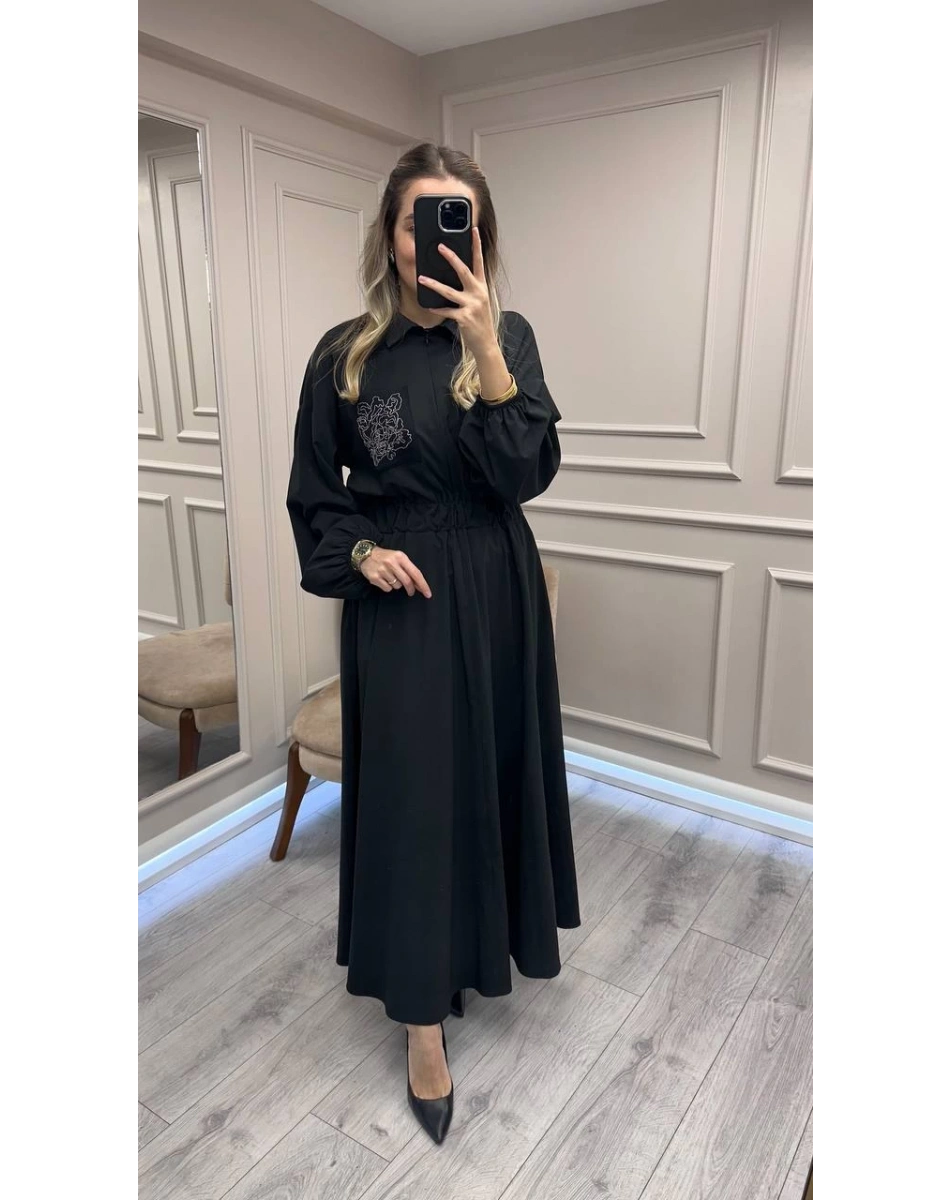 Ghisa 26KGSELB4176 Siyah Cebi Detaylı Elbise