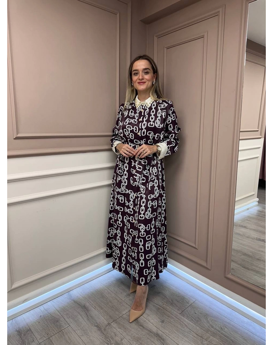 Ghisa 26KGSELB4925 Bordo Zincir Desenli Elbise