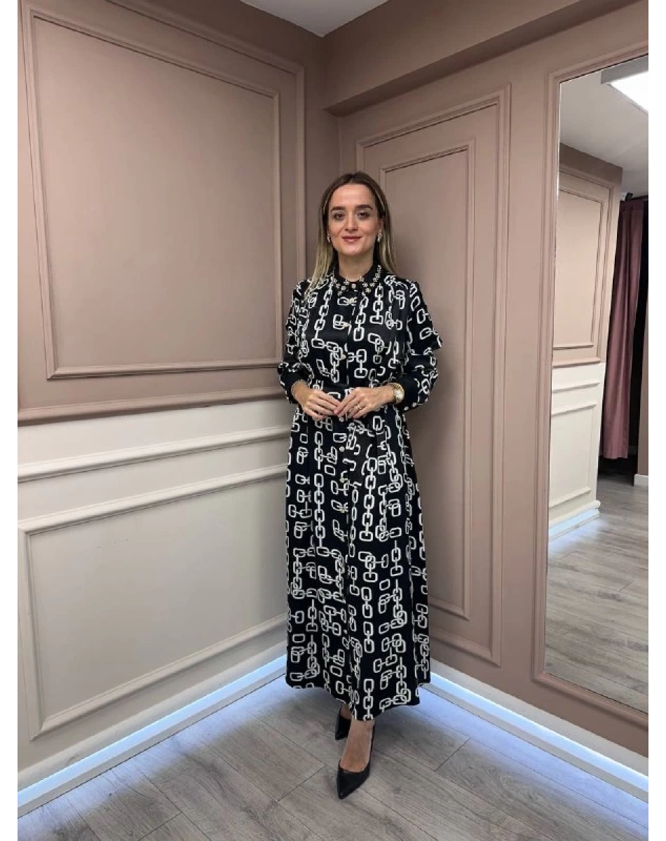 Ghisa 26KGSELB4925 Siyah Zincir Desenli Elbise