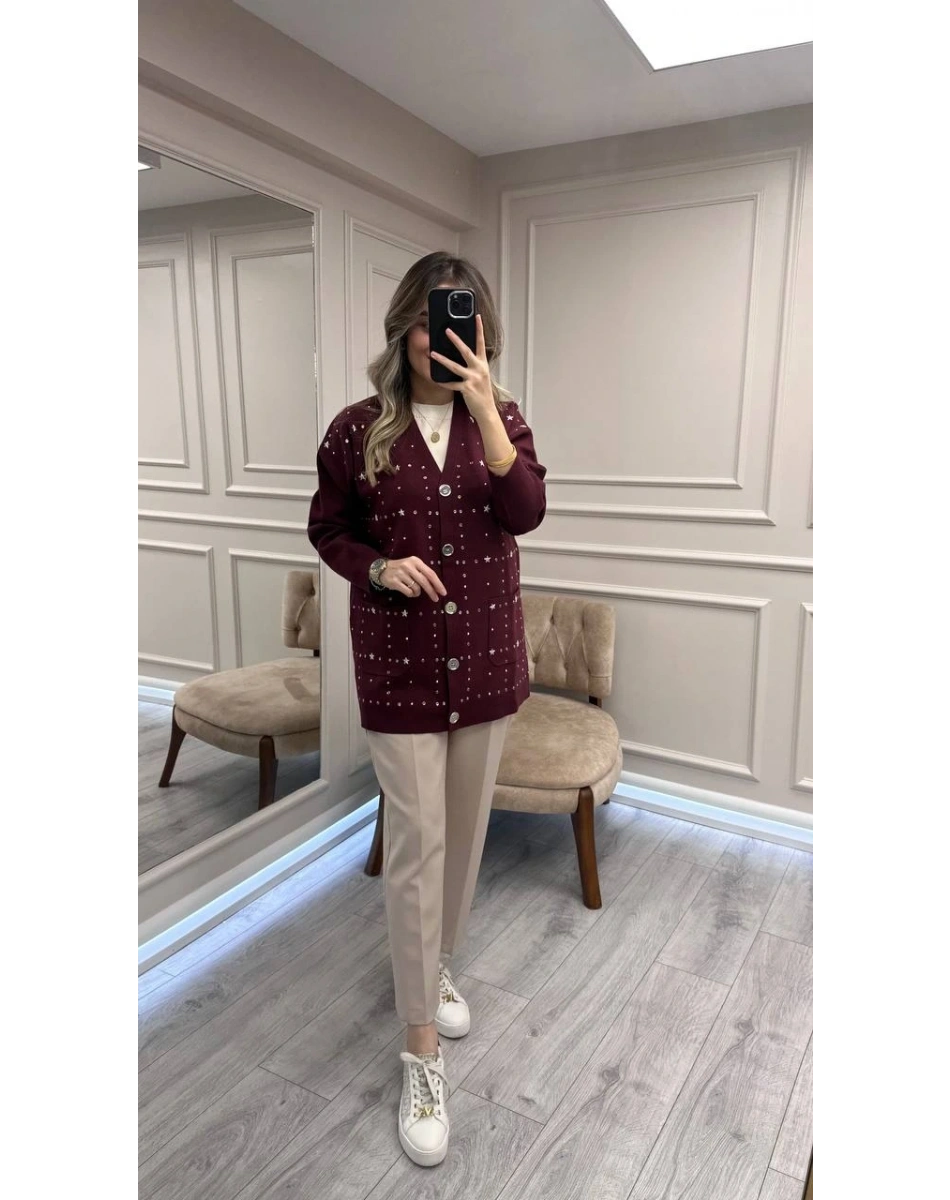 Ghisa 26KGSHRK3301 Bordo Taş Detaylı Hırka