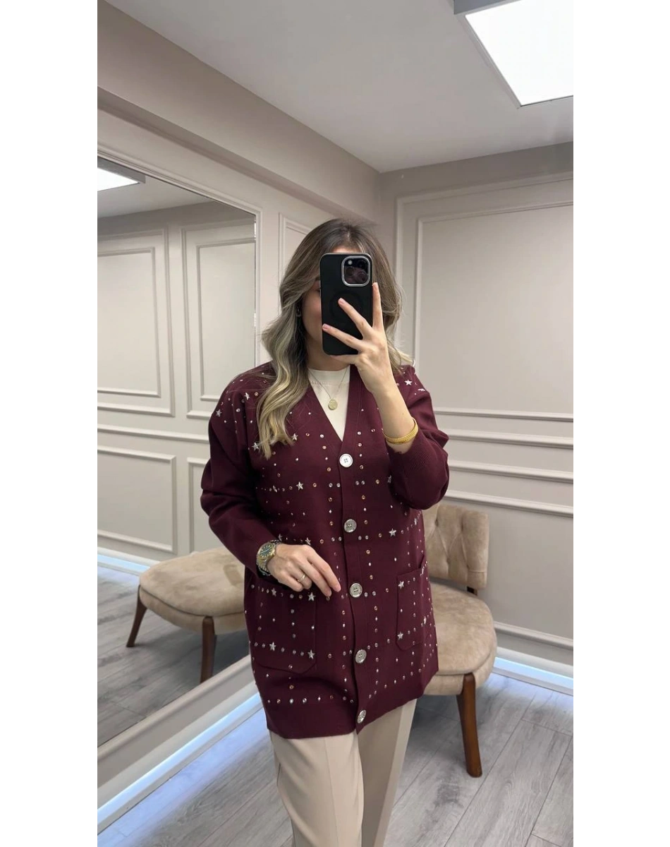 Ghisa 26KGSHRK3301 Bordo Taş Detaylı Hırka