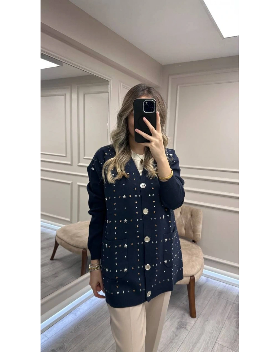 Ghisa 26KGSHRK3301 Lacivert Taş Detaylı Hırka