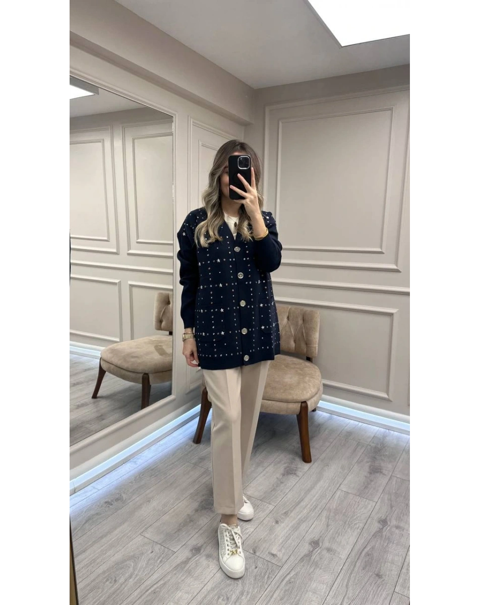 Ghisa 26KGSHRK3301 Lacivert Taş Detaylı Hırka