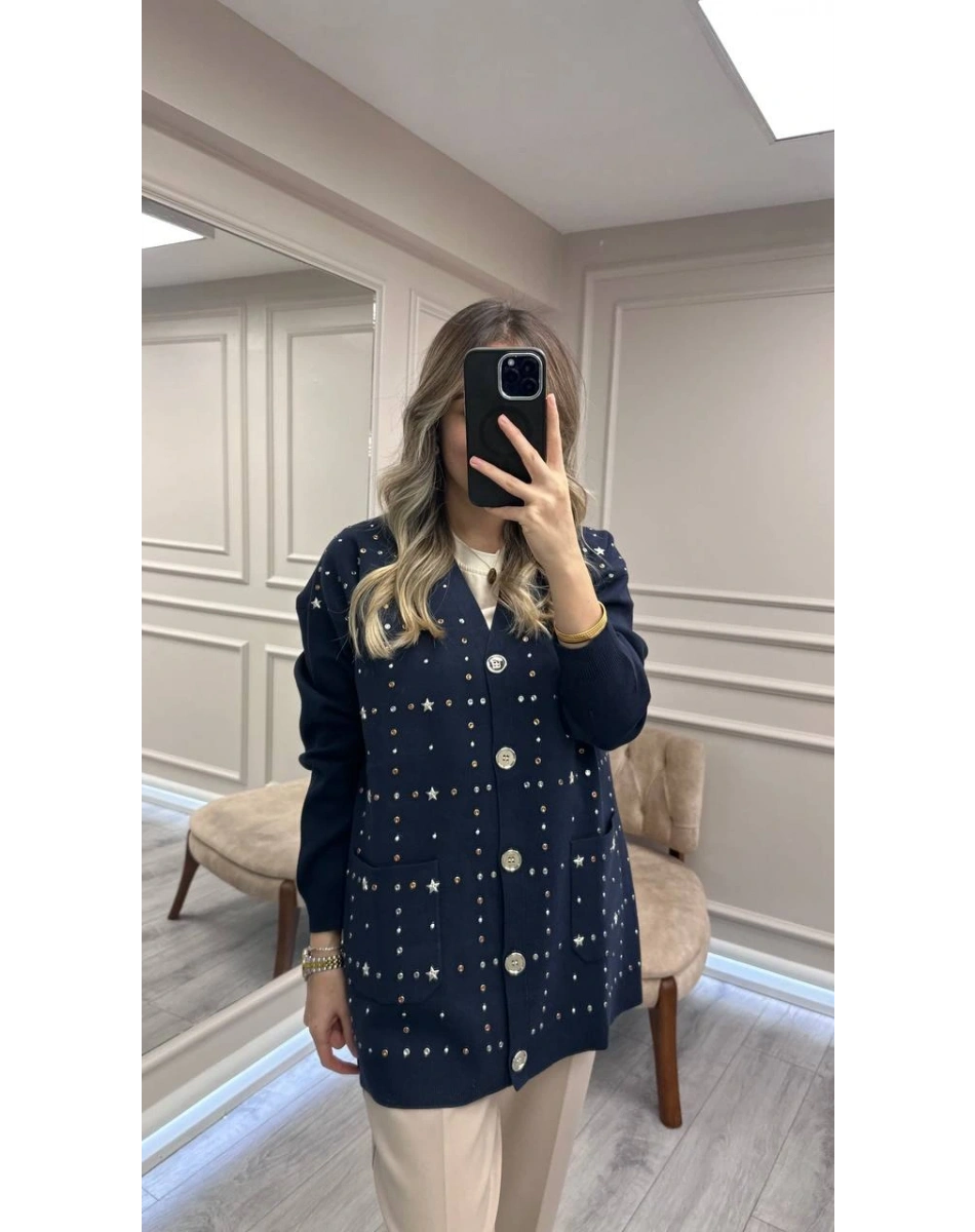 Ghisa 26KGSHRK3301 Lacivert Taş Detaylı Hırka