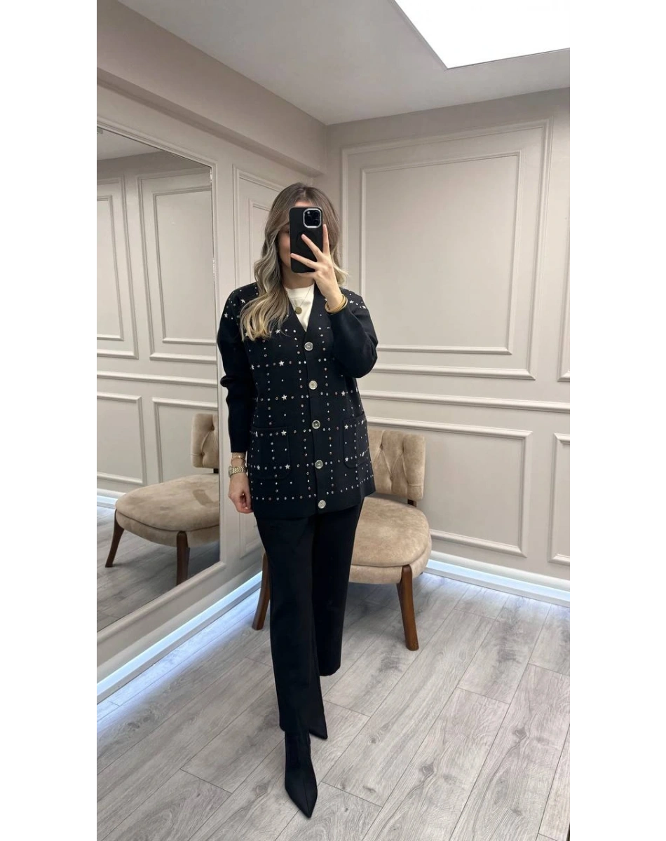 Ghisa 26KGSHRK3301 Siyah Taş Detaylı Hırka