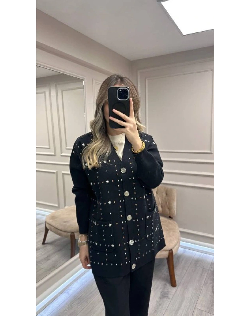 Ghisa 26KGSHRK3301 Siyah Taş Detaylı Hırka