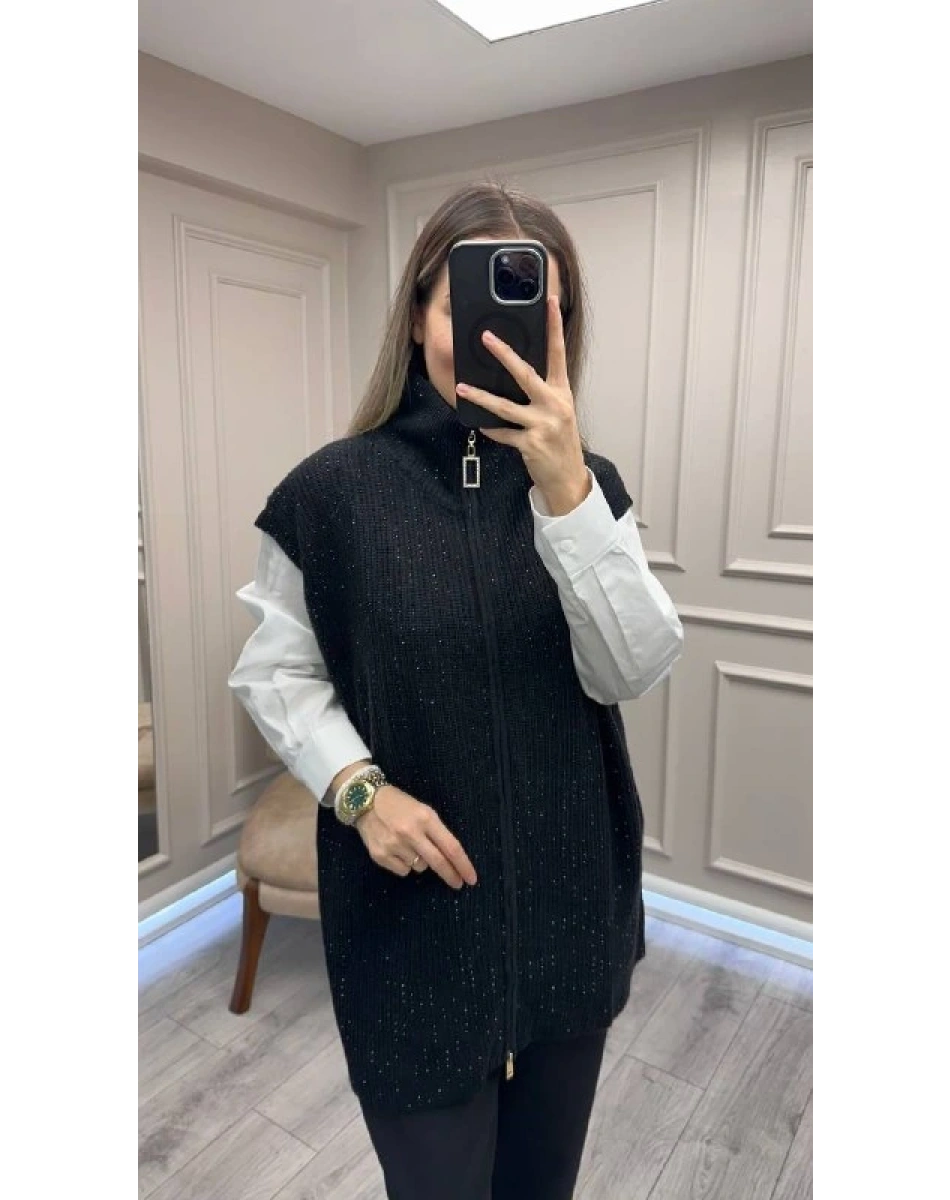Ghisa 26KGSYLK3302 Siyah Yakası Fermuarlı Yelek