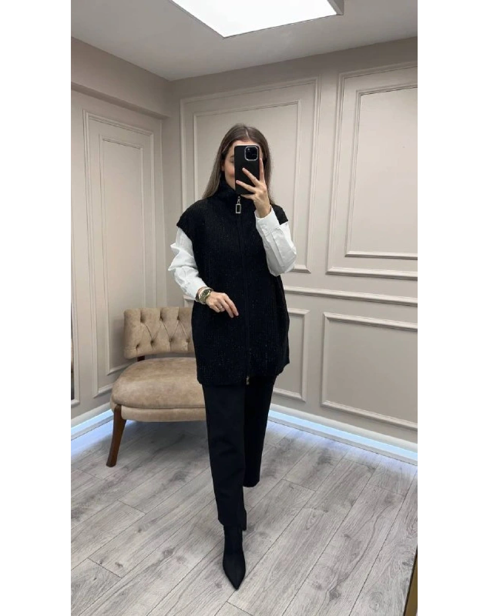 Ghisa 26KGSYLK3302 Siyah Yakası Fermuarlı Yelek