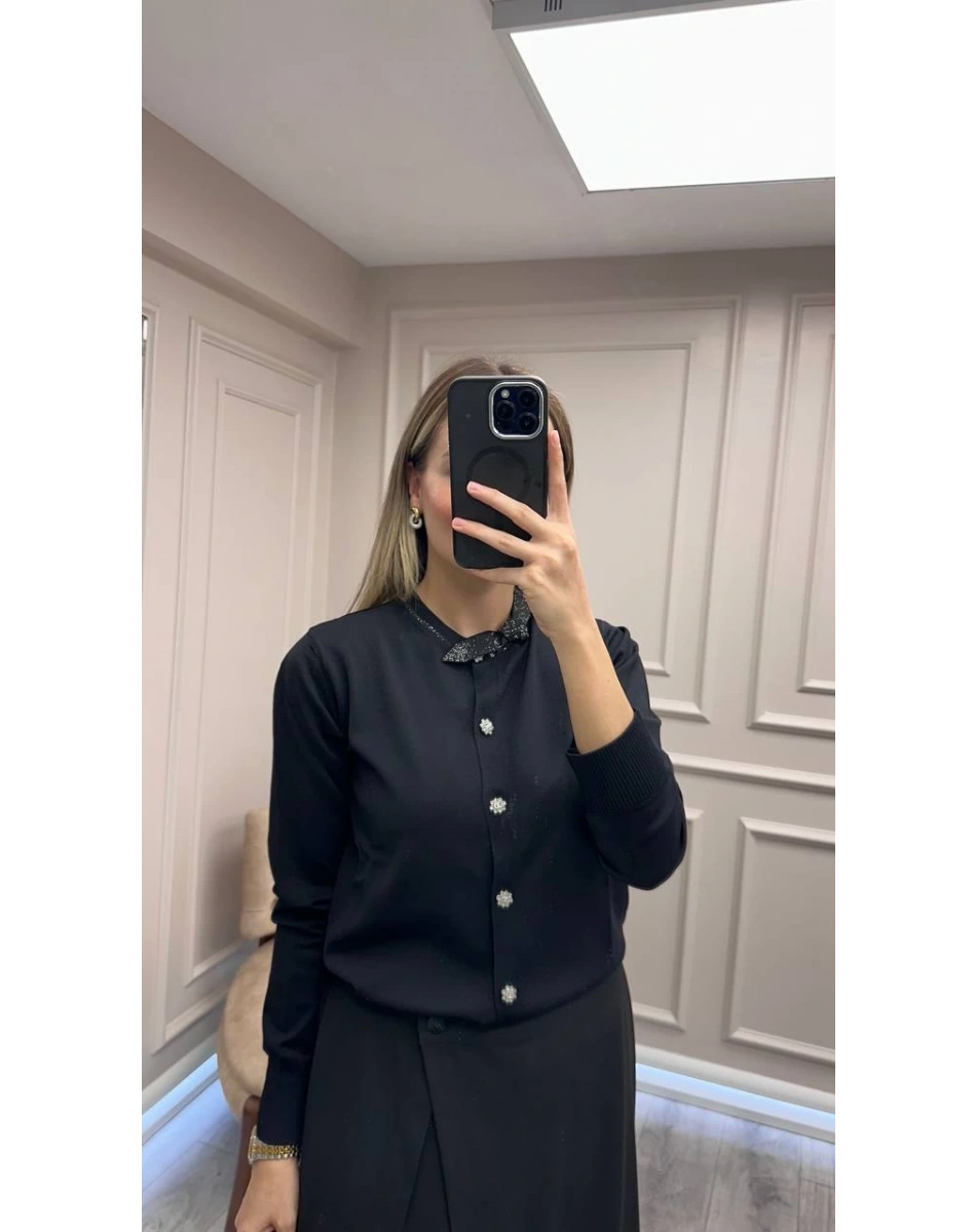 Ghisa 26KOBHRK3215 Siyah Yakası Taşlı Triko Hırka