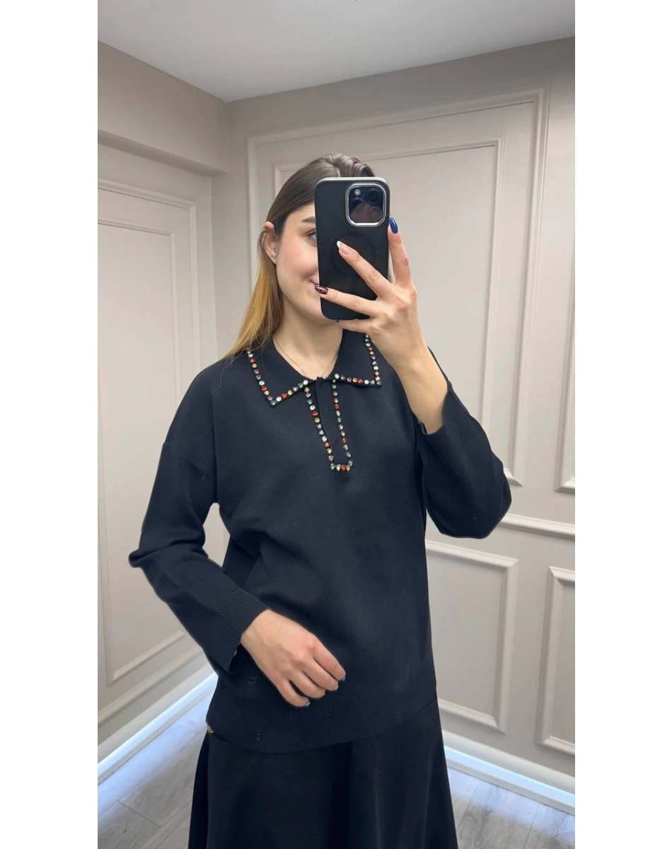 Ghisa 26KOBTNK4144 Siyah Yakası Taşlı Tunik