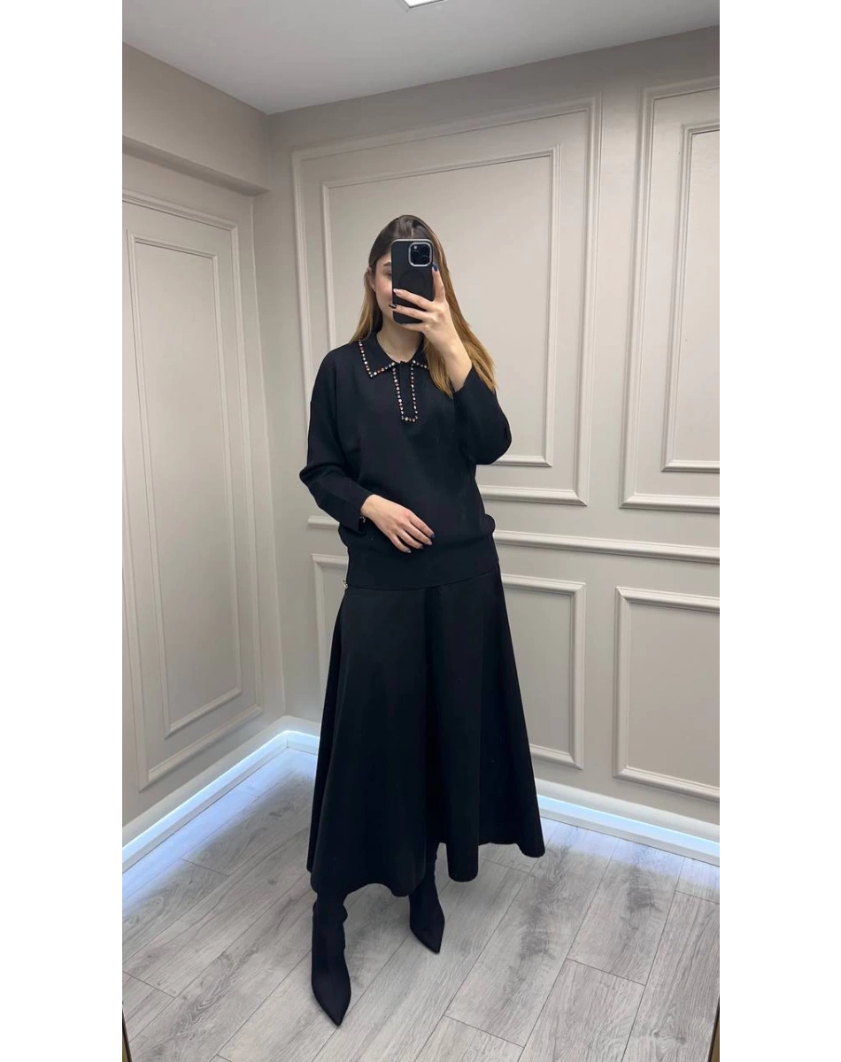 Ghisa 26KOBTNK4144 Siyah Yakası Taşlı Tunik