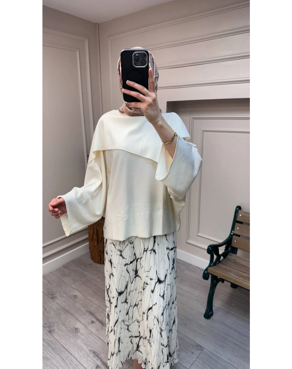 Ghisa 26KOBTNK4194 Ekru Asimetrik Geniş Yaka Tunik