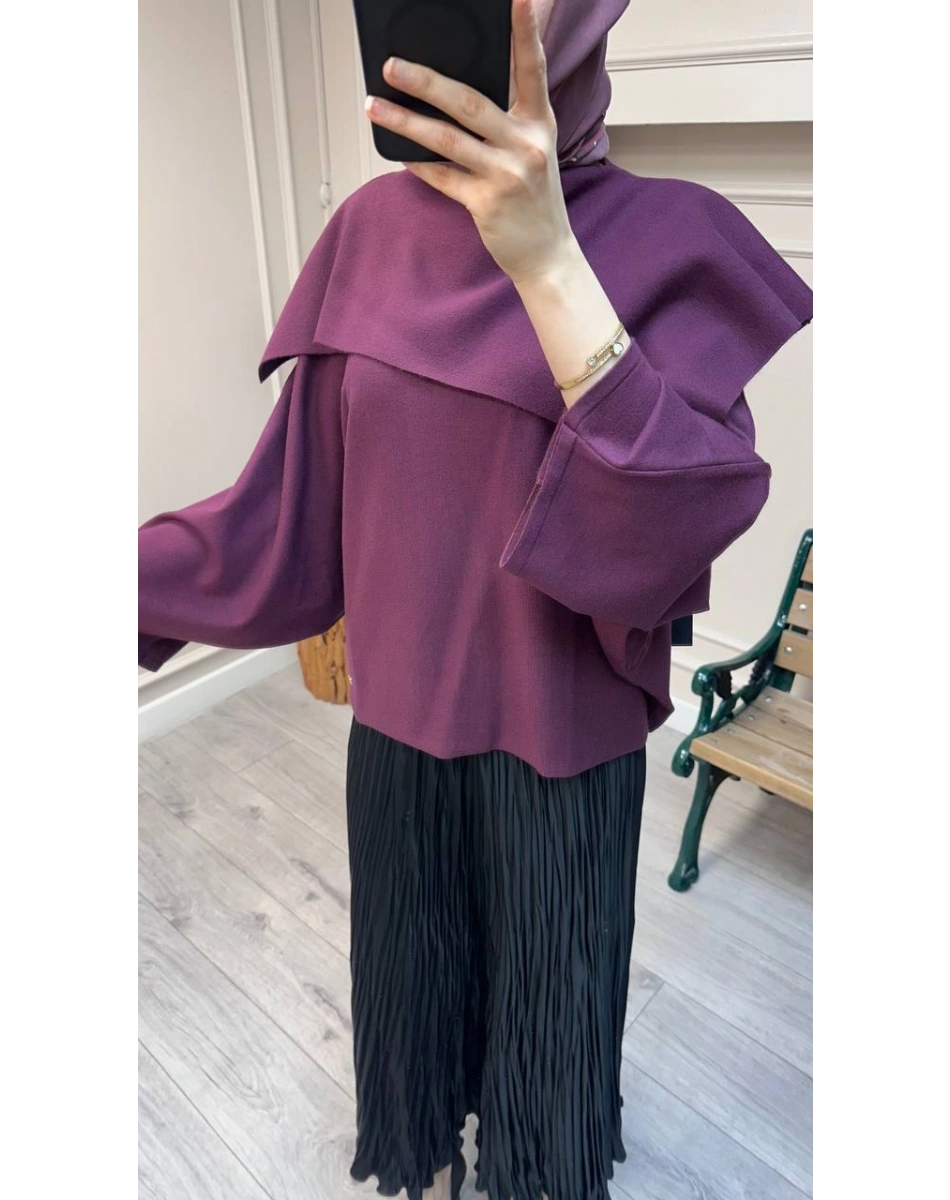 Ghisa 26KOBTNK4194 Mürdüm Asimetrik Geniş Yaka Tunik