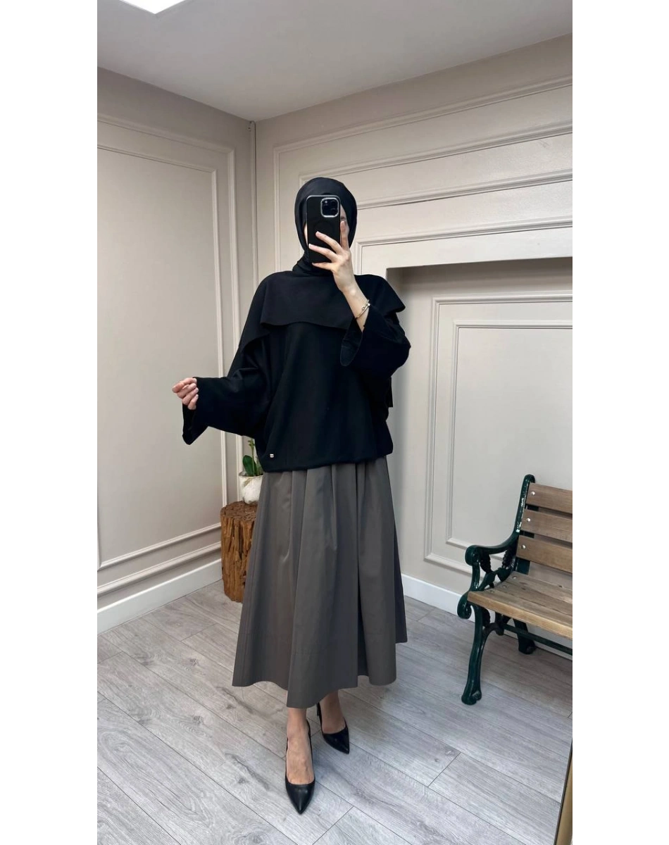 Ghisa 26KOBTNK4194 Siyah Asimetrik Geniş Yaka Tunik