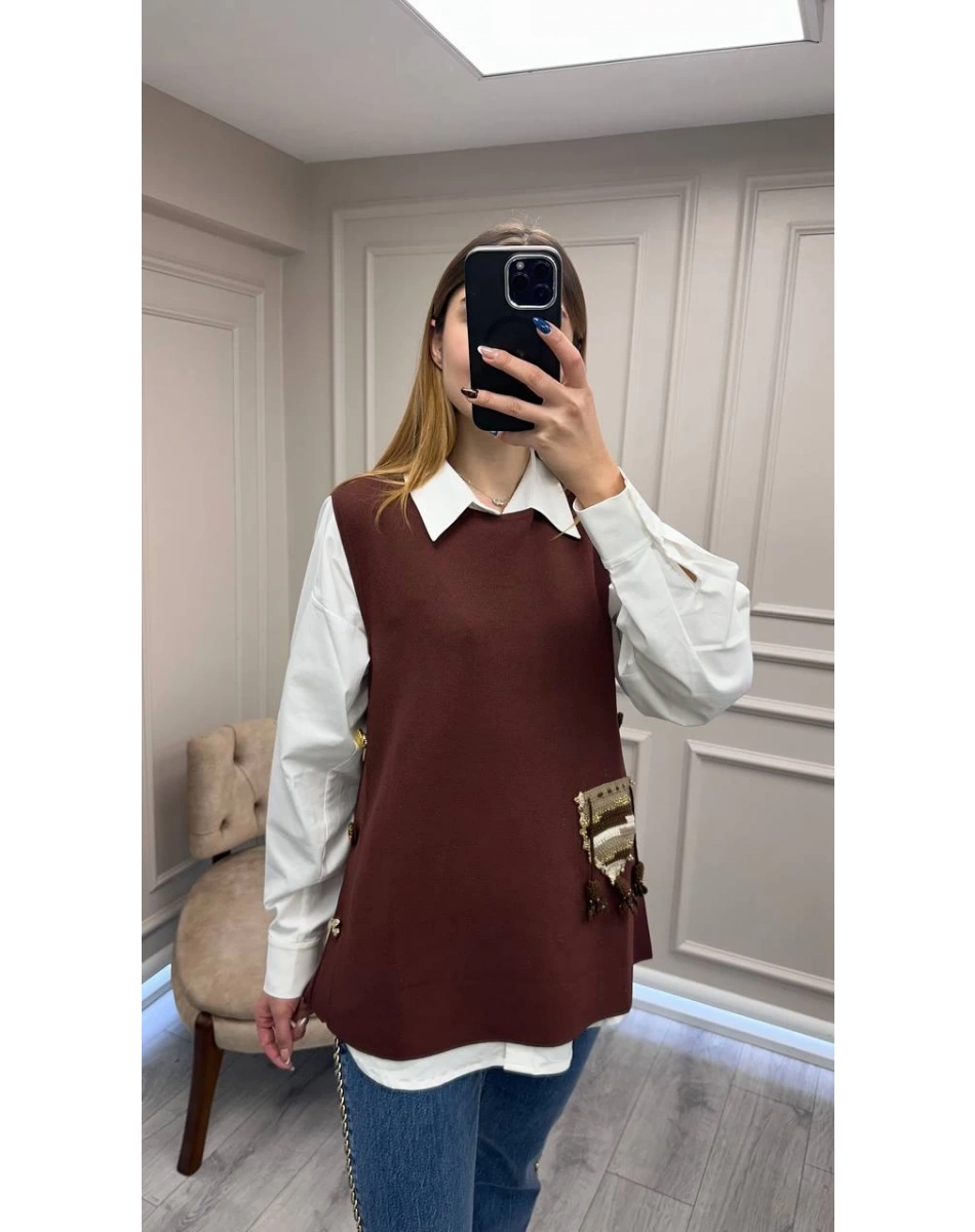 Ghisa 26KOBYLK3291 Kahve Nakış Detaylı Yelek