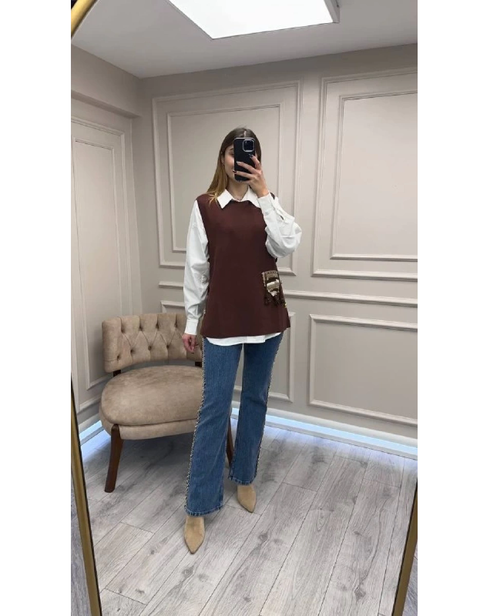 Ghisa 26KOBYLK3291 Kahve Nakış Detaylı Yelek