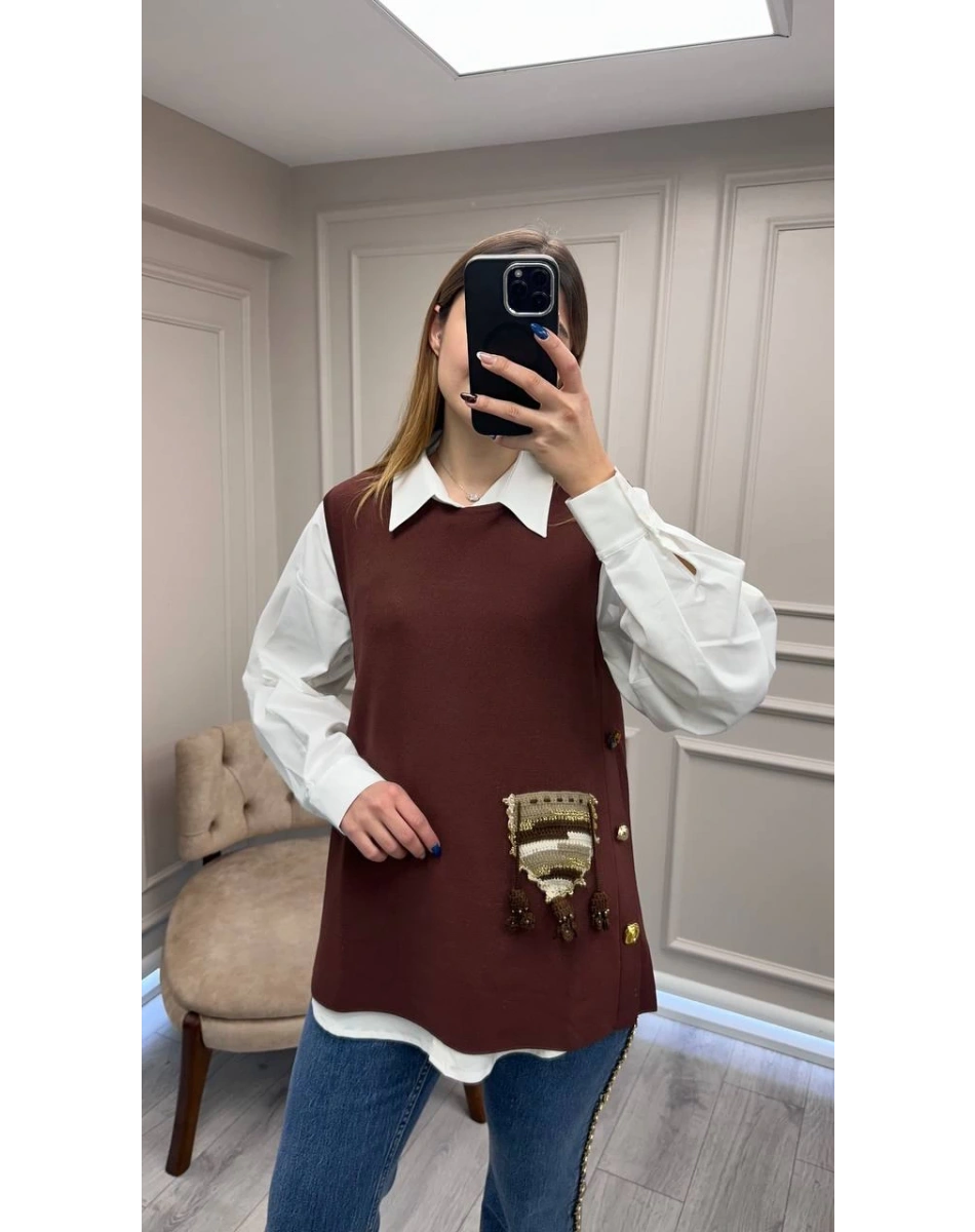 Ghisa 26KOBYLK3291 Kahve Nakış Detaylı Yelek