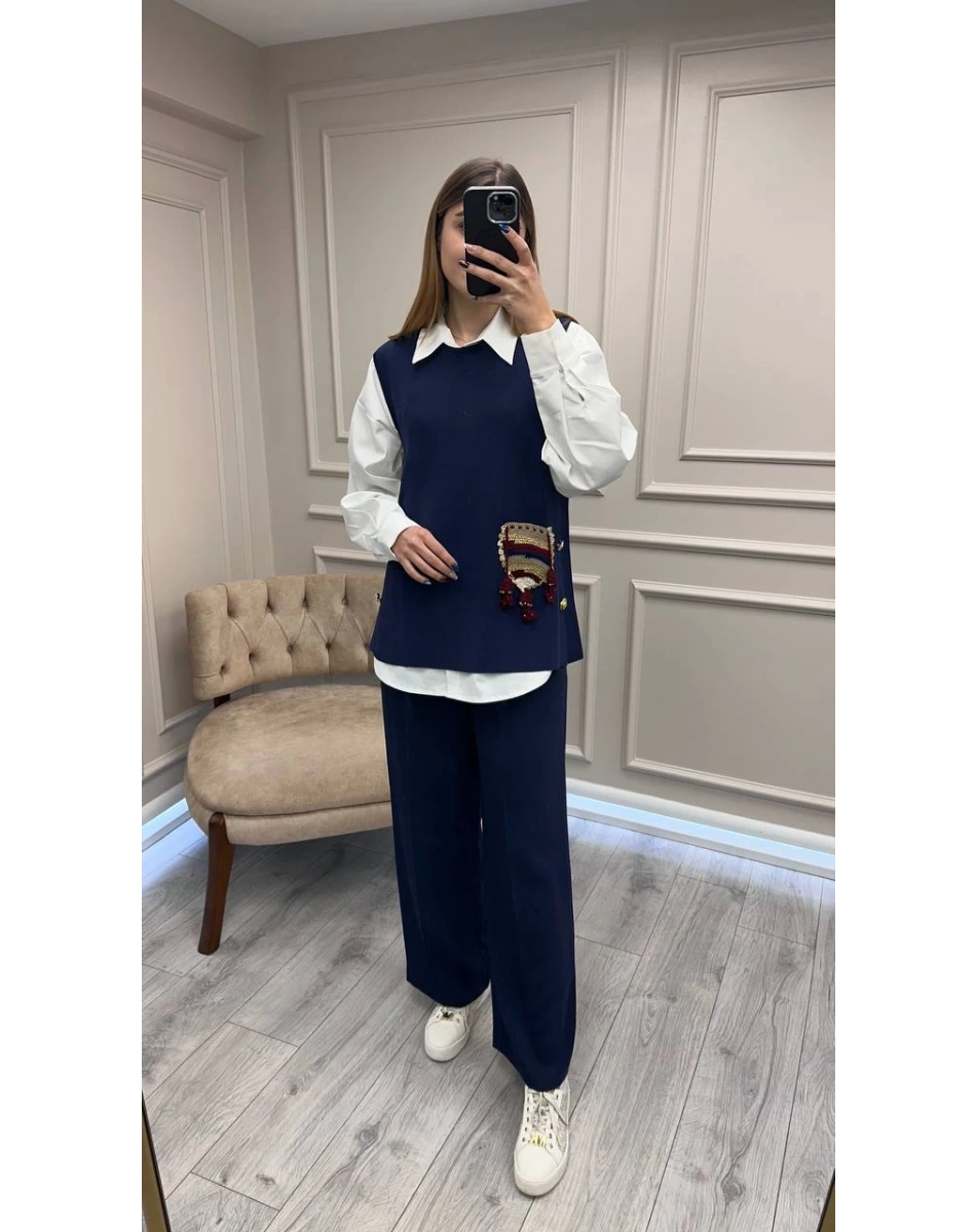 Ghisa 26KOBYLK3291 Lacivert Nakış Detaylı Yelek