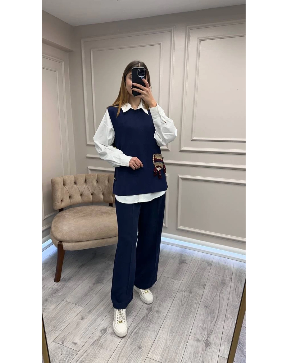 Ghisa 26KOBYLK3291 Lacivert Nakış Detaylı Yelek