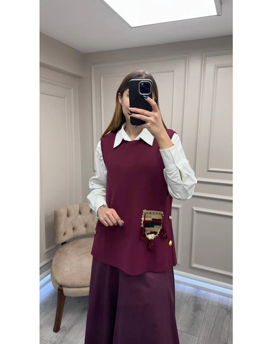 Ghisa 26KOBYLK3291 Mürdüm Nakış Detaylı Yelek