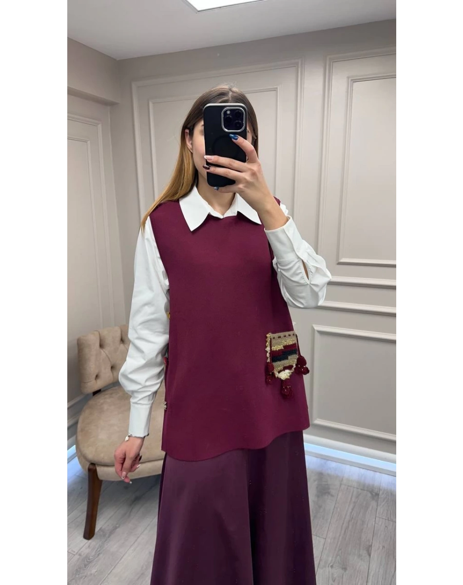 Ghisa 26KOBYLK3291 Mürdüm Nakış Detaylı Yelek