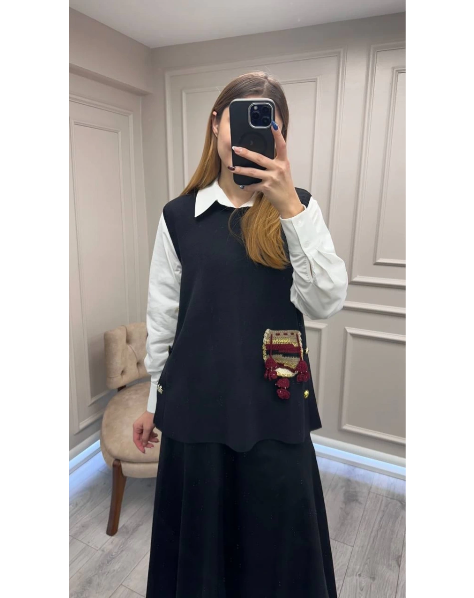 Ghisa 26KOBYLK3291 Siyah Nakış Detaylı Yelek