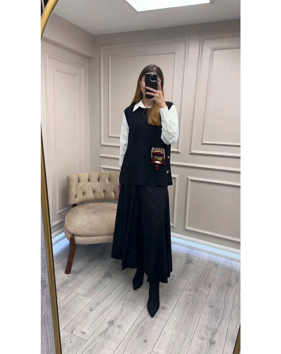 Ghisa 26KOBYLK3291 Siyah Nakış Detaylı Yelek