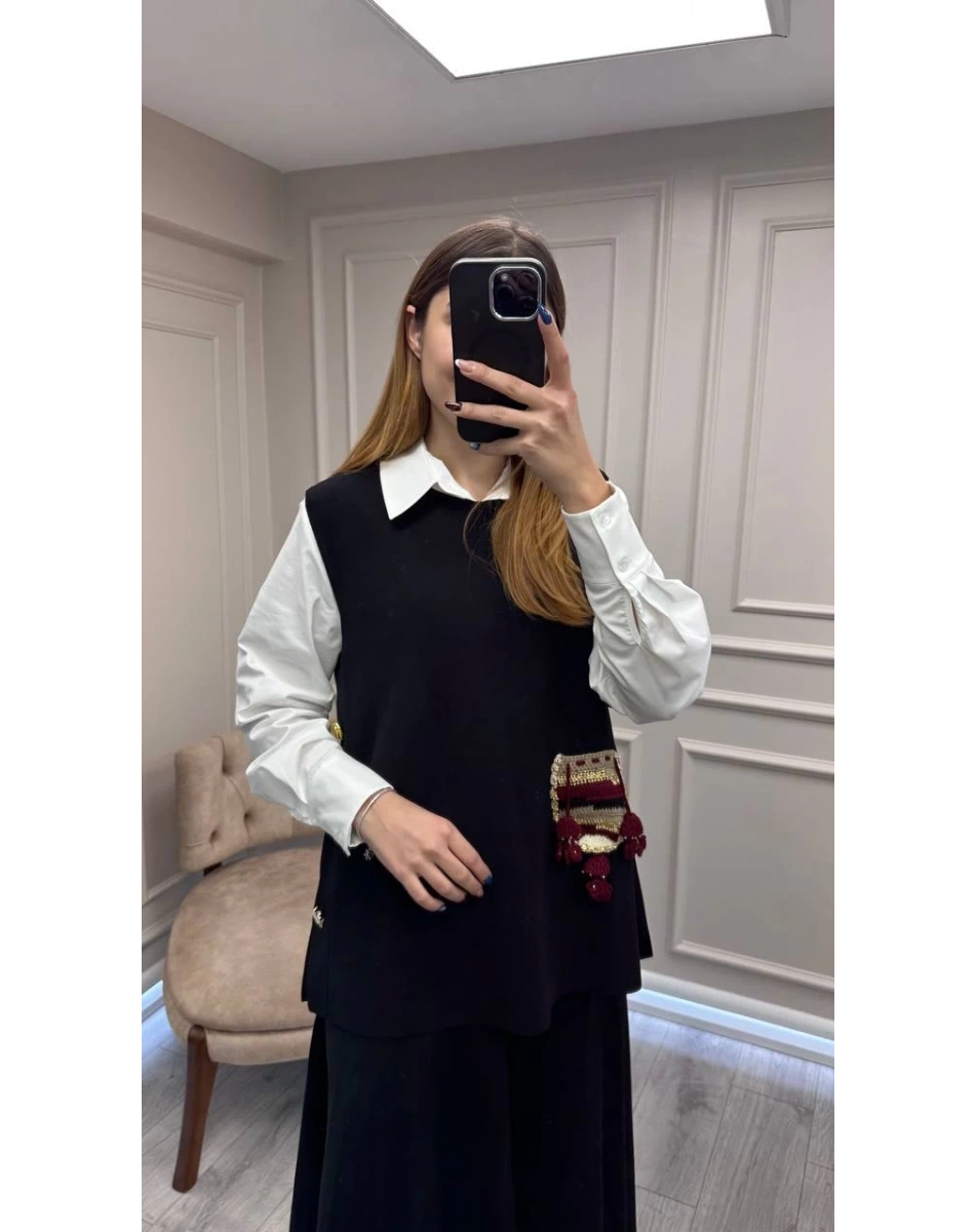 Ghisa 26KOBYLK3291 Siyah Nakış Detaylı Yelek