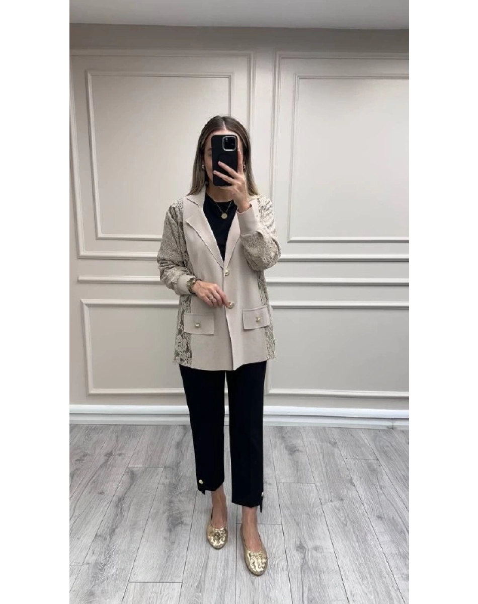 Ghisa 26KÖRCKT3270 Camel Kolları Tül Detaylı Ceket